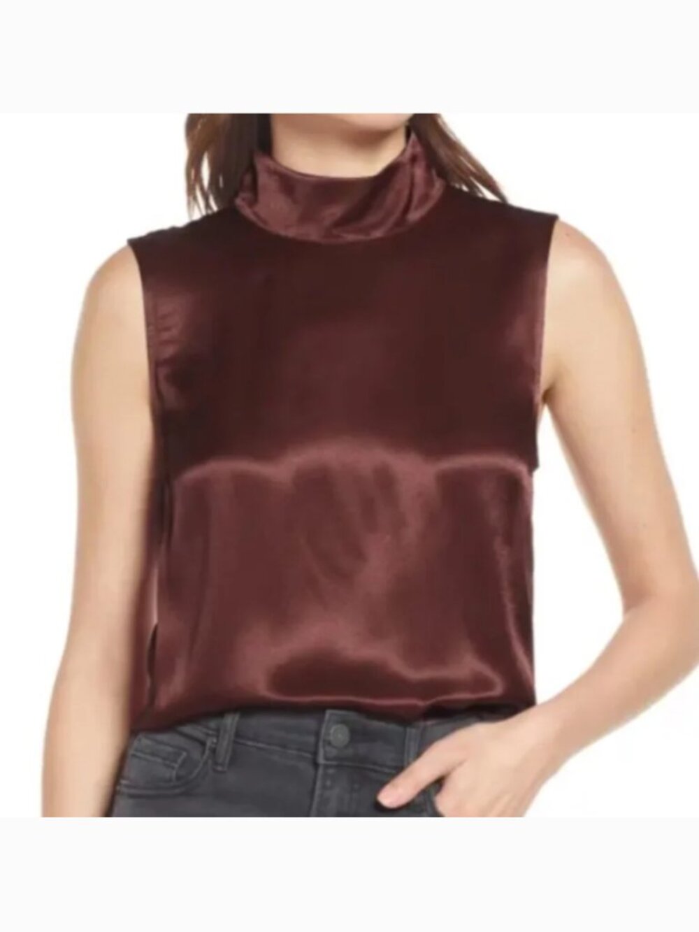 Rails Yolie Satin Mock Neck Crop Sleeveless Tank Top Blouse Raisin Brown Size XS